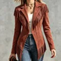 Women's casual brown suede fringe slim lapel long sleeve jacket stylish autumn outerwear - S / Tops / Orange Red