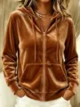 Velvet zip-up hoodie for women, casual long sleeve hooded sweatshirt with front pockets. - S / Tops / Caramel color