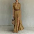 Khaki long sleeve shirt dress detail, pleated high waist design, chic front slit and belt. - S / Amber