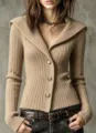 Slim fit ribbed knit cardigan for women, chic V-neck long sleeve button-up sweater top. - S / Khaki