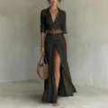 Elegant long sleeve button down maxi shirt dress with belt and split hem for women. - S / Black