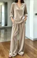 Velvet V-neck top and wide leg pants set detail shot, elegant lounge wear fashion style. - S / Champagne