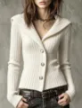 Detailed close-up view of a chic women's ribbed knit cardigan in solid white with V-neck. - S / Off White