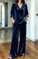 Dark blue velvet two-piece set featuring a V-neck long-sleeve top and wide-leg pants. - S / Sapphire Blue