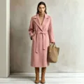 Women's Long Pink Lapel Wool Coat Casual Autumn Winter Overcoat With Belt Main View - Pink