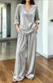 Velvet V-neck long sleeve top and wide leg pants two piece set for women stylish outfit. - S / Silver Gray