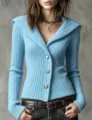 Light blue ribbed knit cardigan detail featuring a stylish V-neck and decorative metal buttons. - Sky Blue