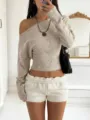 Sexy off-shoulder knitted sweater with fuzzy shorts, stylish autumn winter crop top outfit. - S / Oatmeal