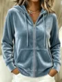 Blue velvet zip-up hoodie for women, long sleeve casual hooded sweatshirt with pockets. - Aqua