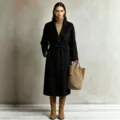 Elegant women's black long woolen coat with belt, perfect for autumn and winter commuting. - S / Black
