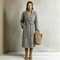 Classic women's grey long lapel overcoat, elegant autumn winter casual trench coat. - S / Gray