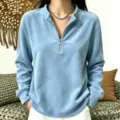 Women's Half Zip Solid Color Long Sleeve Velour Sweatshirt Casual Autumn Winter Fleece Top - Light Blue