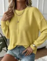 Casual solid color long sleeve crewneck knit sweater for women, comfortable daily wear top. - S / Tops / Turmeric