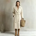 Women's Elegant Long Lapel Belted Wool Coat Autumn Winter Casual Commuter Outerwear Chic - S / Off White