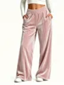 Pink velvet wide-leg pants for women, high-waisted casual trousers with elastic waist and pockets. - S / Pink