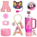Pink tumbler accessories set featuring letter A patches, straw covers, and chains for 30 & 40 oz cups. - Letter A / Pink 6-Piece Set