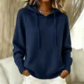 Women Casual Solid Color Knit Hooded Sweater Autumn Winter Long Sleeve Pocket Pullover - S / Tops / Navy Blue