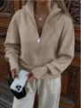 Khaki knit zip-up cardigan detail, high collar design, ribbed cuffs, soft fabric. - XS / Tops / Bronze
