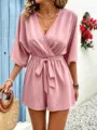 Pink V-neck wrap short romper for women, elegant summer casual short sleeve jumpsuit variant. - Pink