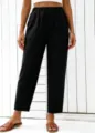 High-waisted elastic waist straight casual trousers for women, featuring a stylish draped look. - Black