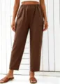 Women's high waist elastic straight leg casual pants in brown with functional pockets. - S / Bottoms / Coffee