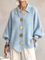 Light blue knit cardigan with large gold buttons and lapel, chic lantern sleeves, lazy style. - Light Blue