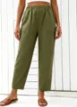 Women high-waisted elastic waist straight leg casual pants solid color loose trousers - S / Bottoms / Army Green
