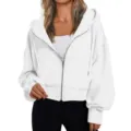 Close-up detail of the casual white zip-up hoodie featuring drop shoulders and soft fabric. - S / Tops / White
