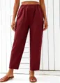 High-waisted elastic waist straight casual pants in burgundy, elegant drape detail view. - Burgundy