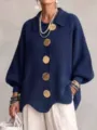 French lapel knit cardigan for women, casual loose lantern sleeve sweater with gold buttons. - S / Tops / Navy Blue
