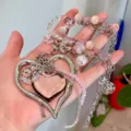 Y2K handmade ribbon necklace with colorful beads and sweet heart charms for women. - Hollow Heart Woven Necklace / Silver