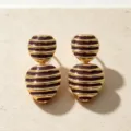 Vintage gold-plated striped enamel earrings detailed close-up shot showing unique design. - Purple Red