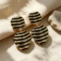 Vintage black and gold striped enamel dangle earrings, French retro geometric heart ear studs. - B Black