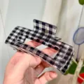 Large black and white checkered hair claw clip resin geometric shark clip for thick hair. - D Hollow Rectangle Hair Claw