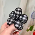 Black and white plaid flower hair claw clip, large size lazy style shark clip for thick hair - A Black Border Floral Hair Claw
