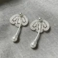 Elegant lace petal pearl earrings, exquisite silver tone design, delicate fashion jewelry detail. - Earrings / Silver