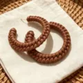 Chic brown braided leather hoop earrings, statement oversized C-shape design for daily wear. - Coffee