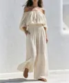 Casual linnen jumpsuit met blote schouders voor dames, losse comfortabele outfit. - S / Top And Bottom / Abrikoos