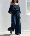 Dames off-shoulder linnen casual losse wijde broek jumpsuit set elegante mode stijl outfit - S / Top And Bottom / Marineblauw