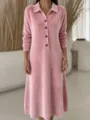 Pink velvet lapel long sleeve maxi dress detail, elegant casual winter fashion clothing. - Pink