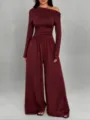 Burgundy off-the-shoulder long sleeve wide leg jumpsuit for women fashion casual wear - Dark Red