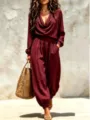 Women's casual long sleeve cowl neck top and lantern cuffed pants suit for autumn fashion. - Dark Red