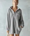 Grey sherpa fleece half zip pullover dress long sleeve mini dress for women winter warm - Gray