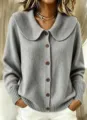 Elegant grey knit cardigan featuring peter pan collar and buttons, casual women sweater. - S / Tops / Gray