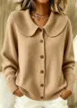 Detailed view of the women's casual knit cardigan featuring a Peter Pan collar. - S / Tops / Khaki