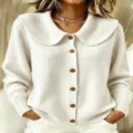 Women white knit cardigan sweater with oversized Peter Pan collar and brown buttons. - S / Tops / White