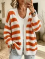 Dames oversized gestreepte cardigan trui casual gebreid vest met zakken herfst en winter. - Oranje