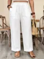 Vista di dettaglio di pantaloni casual bianchi da donna in lino con vita elastica tasche. - 1XL / Pantaloni e gonne / Bianco
