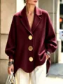 Detail shot of women's autumn winter loose burgundy coat with large gold buttons and chic lapel. - S / Tops / Burgundy