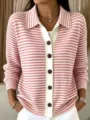 Cardigan in maglia a righe rosa e bianco con rever e bottoni marroni da donna casual. - Taglia S / Top / Rosa